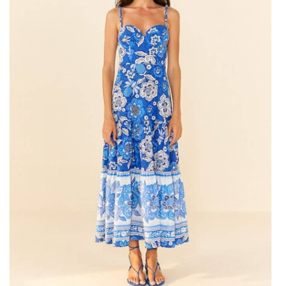 FARM Rio Blue and White Floral Tiered Maxi Dress